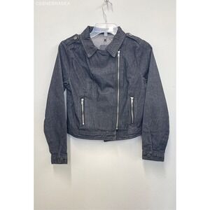 Allegra K Black Ladies Denim Biker Notch Lapel Asymmetric Zip Motto Jacket Small